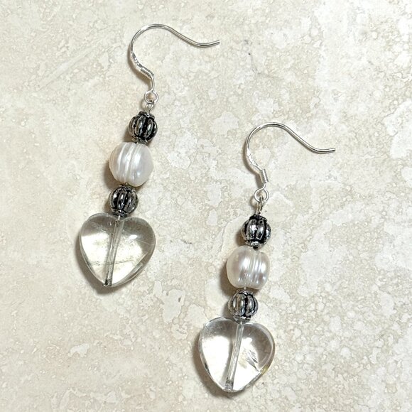2/$20, Genuine Clear Quartz & Pearl Stone Heart Sterling Silver Earrings - Picture 2 of 9